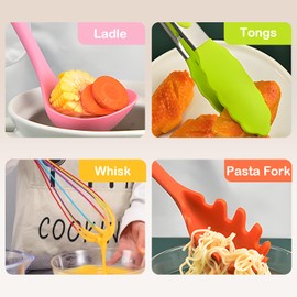 12 Pcs Silicone Cooking Utensils Set - Heat Resistant Kitchen Gadgets with Ladle, Turner, Tongs, Pasta Fork, Spoonula, Small Spatula, Holder - Non-Stick, Dishwasher Safe Kitchen Tool Set(Multicolor)