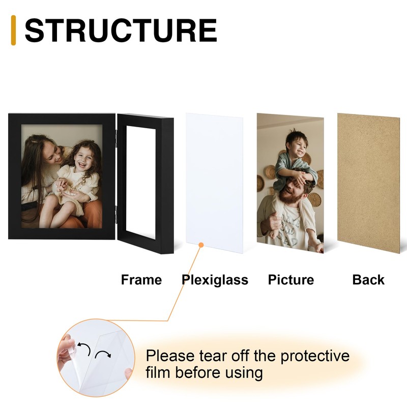 decorUhome Double 4x4 Picture Frame Vertical, Engineered Wood Bifold Photo