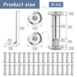 Pack of 30 Connection Screws M5, Cabinet Connector Screws Stainless Steel with Hexagonal Key, Furniture Connection Screws, Sleeve Nut M5 x 16 mm for Furniture, Cabinets, Wood Bread