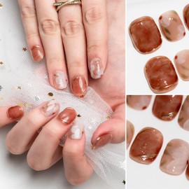 Sun&Beam Nails Handmade Nail Tip, Medium, Long, Almond, False Nails, Popular, 3D, Fashionable, Cute Design, 10 Pieces (#37 - Brown Camellia, Brown, XS)