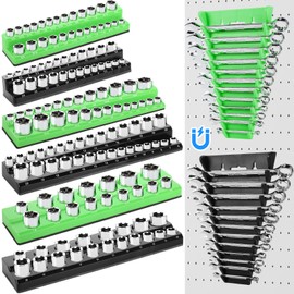 Blulu 8 Pack Magnetic Socket Organizer Set 1/4", 3/8", 1/2" Socket Holder, Magnetic Wrench Organizer 24-slot Drawer Storage Rack Tool Tray SAE (1/4" to 1-1/16"), Metric (6mm to 24mm), Green Black
