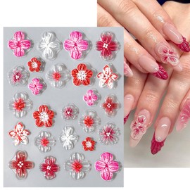 5D Embossed Flower Nail Stickers Hibiscus Flower Nail Art Stickers with Gold Beads Designs Self-Adhesive Clear Floral Nail Supplies 2 Sheets Autumn Flower Nail Decals for Women Girls Manicure Art