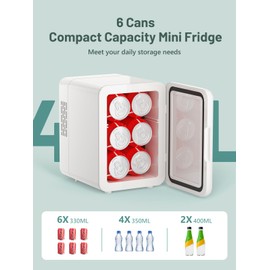 KEENSTAR Mini Fridge, 4 Liter/6 Can Small Fridge, 110V AC/ 12V DC Cooler and Warmer for Bedroom, Cosmetics, Office, Dorm and Car, Portable Personal Refrigerator for Cosmetics, Skincare and Food, White