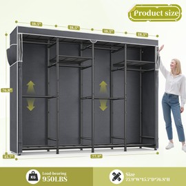 Raybee Clothes Rack with Cover Heavy Duty Clothing Racks for Hanging Clothes Adjustable Metal Portable Closet for Bedroom 77.9" W x 15.7" D x 76.8" H Black