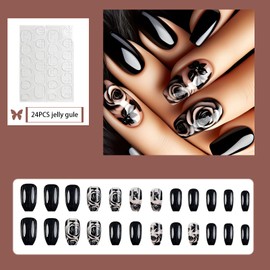 French False Nails,Black Pink Rose Coffin False Nails, 24PCS Square French Press on Nails with Jelly Glue,Acrylic Full Cover Nails Women Girls Nail Art Accessories (Black Pink Rose, One Size)