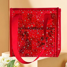 TotePrint Transparent Tote Bag with Stars Pattern Print, Large Capacity Shopping Bag, Reusable Bag 10 x 9.8×3.9 inches (Red with stars)