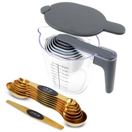 Recogwood 18 Pieces Measuring Cups and Spoons set, Includes 10 Stackable Measuring Cup with Lid and 8 Magnetic Measuring Spoons, for Liquid and Dry Ingredient, BPA Free (Golden)