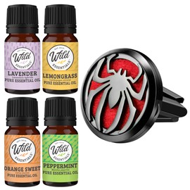 Wild Essentials Black Chrome Spider Essential Oil Car Vent Diffuser Kit, Lavender, Lemongrass, Peppermint, Orange Oils, Stainless Steel Locket, 8 Refill Pads, Customizable Color Changing Air Freshener