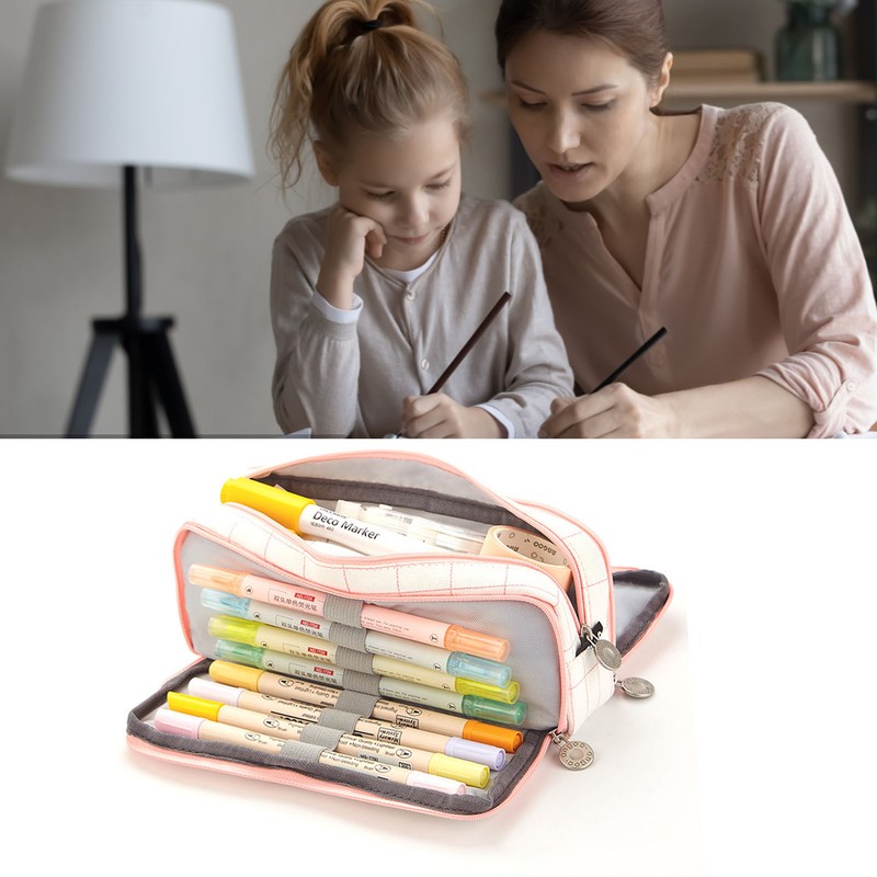 Large Capacity Pencil Case Multi Pocket Double Opening Cute Stationery