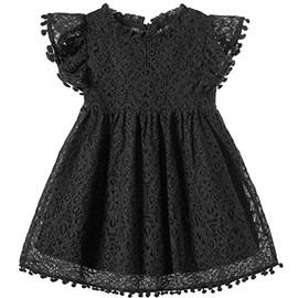 Niyage Toddler Girls Elegant Lace Pom Pom Flutter Sleeve Party Princess Dress Black 120