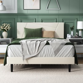 IOILORI Full Size Bed Frame, Full Platform Bed Frame with Velvet Upholstered Headboard, Geometric, Sturdy Frame and Wooden Slats, Noiseless, No Box Spring Required, Easy to Assemble，Black