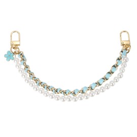 uxcell 10.2'' Pearl Purse Double Chain, Metal Purse Extender Chain, PU Leather Handle Replace Chain, Purse Handles Chain Wrist for Handbag, Mobile Case(Blue, Gold Chain)