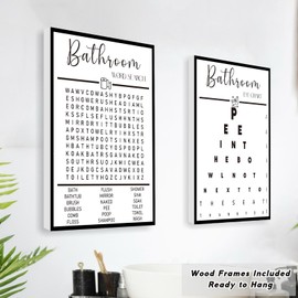 Framed Funny Bathroom Wall Art, Black and White Bathroom Wall Decor, Word Search Pee Eye Chart Wash Your Hand Bathroom Wall Decor (12x16 inches, Set of 3, Framed)