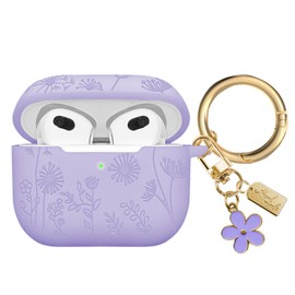 AIIEKZ Flower Engraved Case Compatible with AirPods 3 Case Cover 2021, Soft Silicone Case for AirPods 3rd Generation Case with Cute Flower Keychain and Carabiner for Girls Women (Lavender Purple)