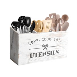 Gzsekken White Kitchen Utensil Holder,Farmhouse Utensil Organiser with 3 Compartment,Cutlery Caddy Drainage Bottom,Utensil Holder Wooden Kitchen Cooking Tools Storage for Countertop,Parties