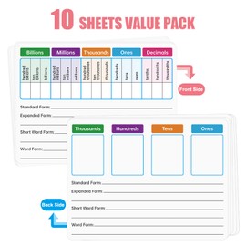 10 Pack Dry Erase Place Value Whiteboard Card,9" x 12" Double Sided Dry Erase Boards for Kids for Teaching Place Values from Billions to Decimal Numbers,Math Manipulatives White Board for Students
