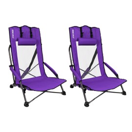 Beach Chairs for Adults 2 Chairs Low Folding Beach Chairs for Camping - Higher Back Support, Head Pillows, Shoulder Straps
