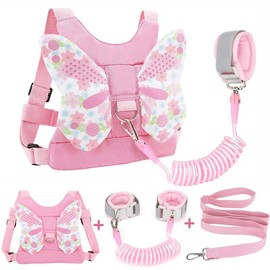 Easter Gift Toddler Harness Leash + Anti Lost Wrist Link, Kids Butterfly Harnesses with Children Leashes, Cute Baby Leash Walking Assistant Wristband Strap Tether for Girls Outdoor - Color: Pink