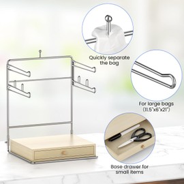 GIGIFTREE Plastic Grocery Bag Holder, Chrome T-Shirt Bag Rack, Plastic Bag Organizer with Wooden Drawers Base for Grocery Store, Supermarket, Restaurant, Business