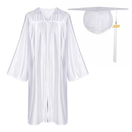 Newrara Adult Shiny Graduation Cap and Gown Tassel Set for High School & Bachelor (54, White)