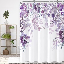 QOQIBU Purple Eucalyptus Shower Curtain for Bathroom, Watercolor Floral Shower Curtains with Eucalyptus Leaf Pattern, Waterproof Plant Shower Curtain Inspired by Nature for Decoratin-60x72
