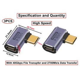 HUAZIZ Pack of 3 USB C Adapter Type C Male to Female Adapter, C Male to C Female USB C Extender Right Angle USB C Angle Adapter, C Male to C Female USB C Extender Adapter Type C