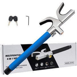 KNFRXO 4-in-1 Steering Wheel Lock with Flashlight/SOS LED Ligth,Seat Belt Cutter,Escape Hammer,2 Keys Retractable Steering Lock,Vehicle Anti-Theft Lock，Universal for Auto/Truck/SUV/Van(Blue)