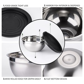 Mixing Bowls with Lids set - 26 PCS Stainless Steel Nesting Black Mixing Bowls Set for Baking, Mixing, Serving & Prepping, Size 5, 3.7, 2.8, 2.3, 1.7, 1.1, 0.7QT, 11 Cooking Utensils