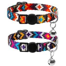 CollarDirect Cat Collar Breakaway Set of 2 PCS Tribal Pattern Aztec Pet Safety Adjustable Kitten Collar with Bell (Aztec Sunset + Tribal Magenta)