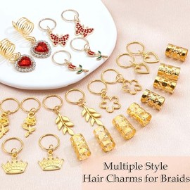 24PCS Hair Jewelry for Braids Red Heart Butterfly Hair Charms Valentine's Day Loc Jewelry Flower Braids Accessories Gold Hair Cuffs Decoration for Wom