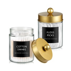 SheeChung Qtip Holder Dispenser for Bathroom Vanity Organizer and Farmhouse Decor - Stylish Glass Apothecary Jar with Stainless Steel Lid and Stickers,Bathroom Countertop Storage Canister(Gold,2Pack)
