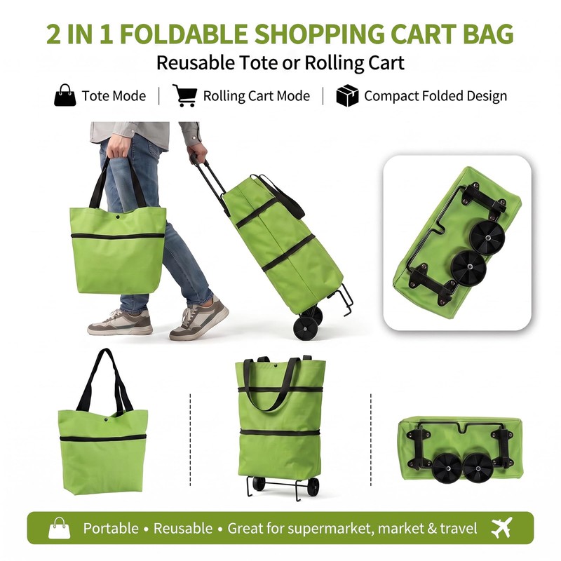 One 2-in-1 Foldable Shopping Bag with Wheels, Collapsible Trolley Cart