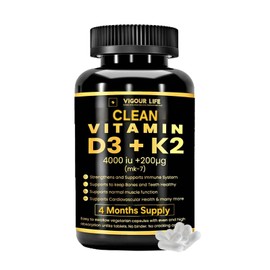 VIGOUR LIFE Clean Vitamin D3 K2 - High Strength Vitamin D3 4000 IU & K2 MK7 200g C 4 Month Supply of Easy to Swallow Vitamin D Capsules C Vegetarian D 3 and K 2 Vitamin Supplement -No Binders, No Cracking Agents