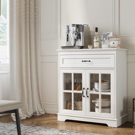 LINSY HOME Coffee Bar Cabinet, Kitchen Storage Cabinet, Buffet Sideboard with Glass Doors, Modern Bathroom Cabinet with Drawer & Shelves, White Entryway Cabinet for Living Room, Home Office