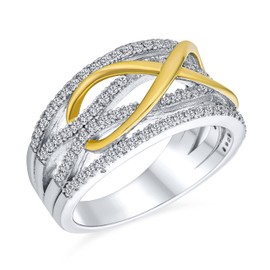 Personalize Romantic Two Tone Micro Pave CZ Accent Cubic Zirconia Crossover Intertwined Wide Statement Infinity Ring For Women Gold Plated .925 Sterling Silver Customizable