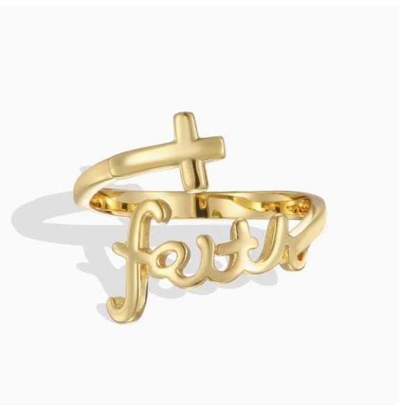 Always Blessed Gold "FAITH" 18K Gold Plated Script Cross Ring