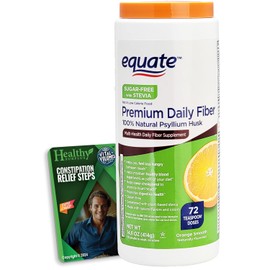 Equate Premium Daily Fiber Psyllium Husk Sugar-Free with Stevia 14 OZ Over 70 Teaspoon Doses - Orange Flavor and Vital Volumes Constipation Tips Card - Bundle