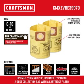 CRAFTSMAN CMXZVBE39970 Genuine Fine Dust Wet Dry Vac Dust Collection Bags for Most 6 to 10 Gallon CRAFTSMAN Shop Vacuums, Collects Dry Fine Debris, Reduces Cleanup Time, 2-Pack