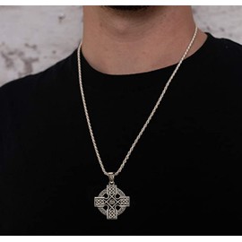 US Jewels Men's 925 Sterling Silver 31.5mm Irish Celtic Knotwork Cross Pendant 3.8mm Marine Cable Chain Necklace, 26in