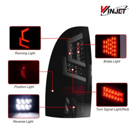 Winjet LED Tail Lights Assembly Fit For 2005-2015 Toyota Tacoma, Full Led Taillight Replacement w/Red Turn Signal Indicators/Running/Brake/Reverse Light, 1 Pair Rear Lamps (Black Housing Smoked Lens)