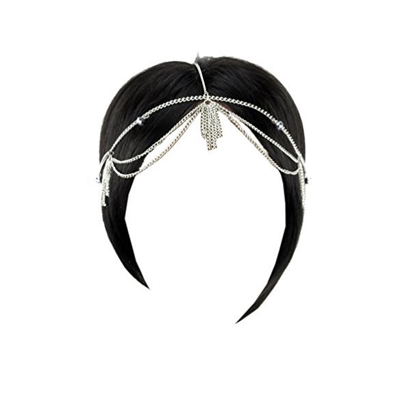 NYFASHION101 Women's Bohemian Fashion Head Chain Jewelry - Simple 2 Strand Draping Faceted Bead Charm, Silver-Tone