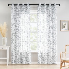 White-Grey Leaf Sheer Curtains for Living Room Bedroom 90 Inch Light Filtering Botanical Pattern Print Curtain Panels Rustic Floral Linen Textured Eyelet Voile Curtains for Dining 50" wide 2pcs