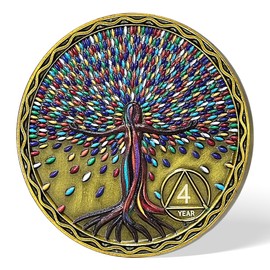 4 Year Colorful Tree Woman Sobriety Coin Set | AA Medallion with Serenity Prayer and 3D Textured Finish | Recovery Anniversary Token for Men & Women | AA Sobriety Gifts for Yearly Milestones