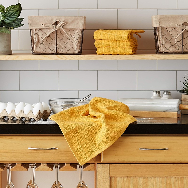 DII Basic Terry Collection Windowpane Dishtowel Set, 16x26, Honey Gold