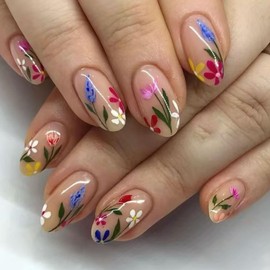 Medium Press on Nails Almond Fake Nails Colorful Flowers Glue on Nails Light Yellow Full Cover Nails Press ons Glossy Artificial Cute False Nails for Women 24 Pcs