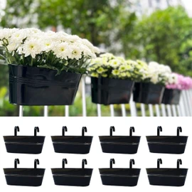 LaLaGreen Deck Railing Planter Box (17 Inch, 8 Pack) Large Black Metal Window Flower Boxes Outdoor, Hanging Planters Plant Holder Fence Rail Bucket Boho Style Wall Mount Outside Patio Porch Herb Decor