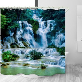 LYFANS Bathroom Uses 3D Shower Curtain with Alpine Waterfall, Luxury Bathtub Waterproof Shower Curtains, Bright Fabric Shower Curtain Containing 12 White Hooks, Size (72x79 inches)