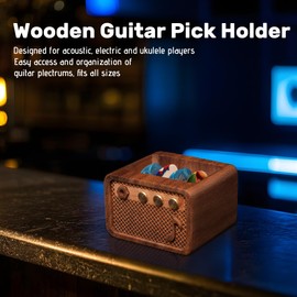 CoolGift Mart Guitar Accessories, Walnut Wood Electric Guitar Amp Shaped Guitar Pick Holder, Gift for Guitar Players Guitarists for Picks Storage and Display
