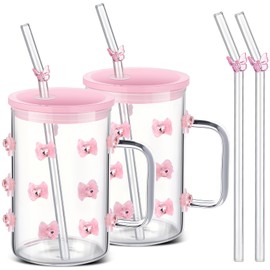 Skylety 2 Pcs Coquette Bow Glass Cups with Handle 3D Diamond Pink Bow Cup with Lid and Straw 17 oz Coquette Aesthetic Iced Coffee Drinking Tumbler for Women Girls Sister Friend Party Favor Gift