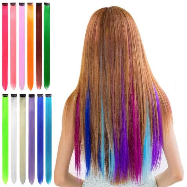 SwirlColor Pack of 12 55 cm/21 inch multi-colour party highlight on the clip in hair fashion beauty salon supply straight wigs for women (12 pieces straight)